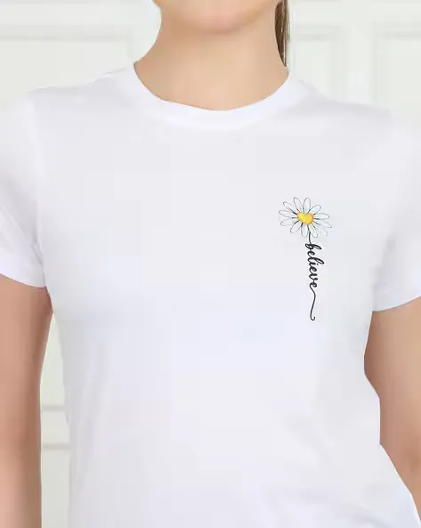 Shein Fitted Short Sleeve Typographic Floral Print Crew Tshirt (XS, WHITE)