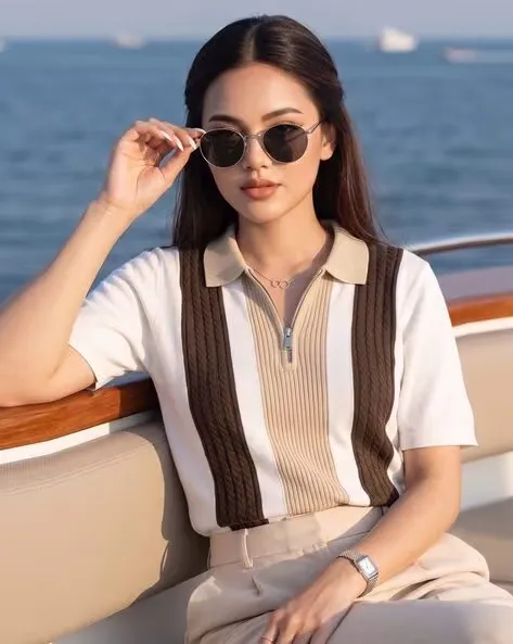 Women Striped Regular Fit Polo T-Shirt