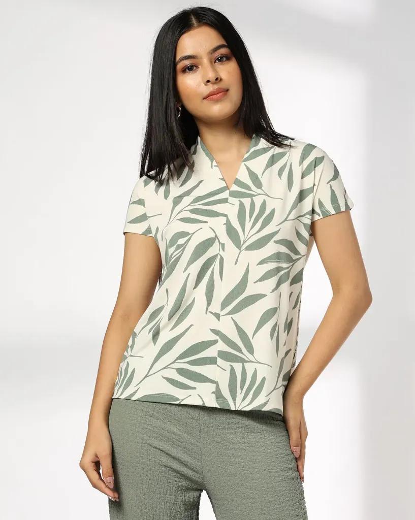 Women Leaf Print Regular Fit V-Neck T-Shirt