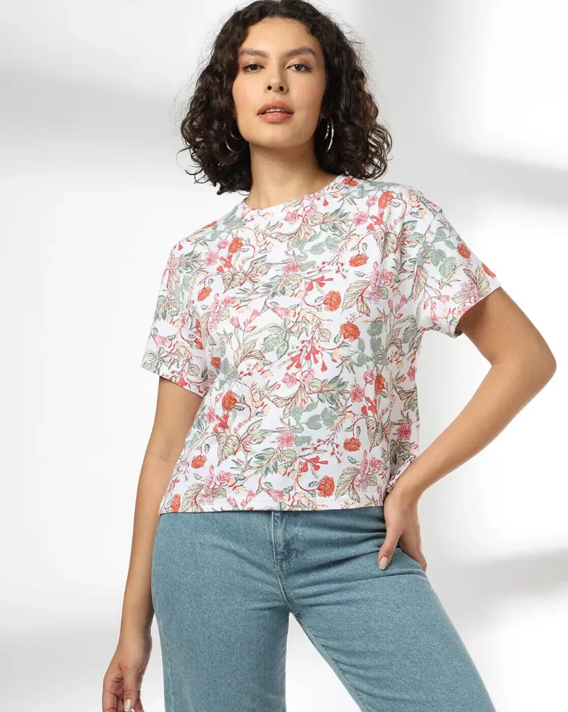 Women Floral Print Regular Fit Crew-Neck T-Shirt (XS)